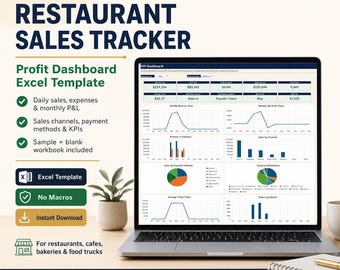 Restaurant Sales Tracker Excel Template, Profit Dashboard, Daily Sales and Expense Tracker, Monthly P and L for Cafe Bakery Food Truck