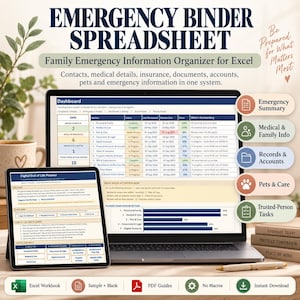 Emergency Binder Spreadsheet | Family Emergency Information Organizer | Medical, Documents & Executor Checklist | Excel