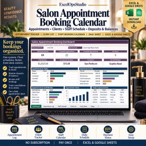 Pode incluir: Uma tela de laptop exibe um painel do ExcelOpsStudio Salon Appointment Booking Calendar com tabelas de dados, gráficos de barras e métricas para agendamentos, receita e escalas de funcionários. A interface inclui guias para registros e calendários.