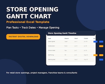 Store Opening Gantt Chart Excel Template | Retail Project Timeline, Opening Checklist, Project Planner