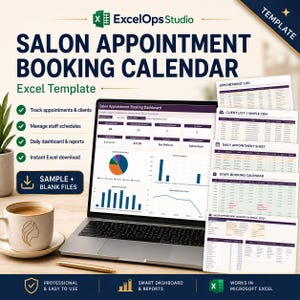 May include: A digital salon appointment booking calendar Excel template displayed on a laptop screen. The dashboard shows charts, graphs, and metrics. Several printed sheets show an appointment log, client list, daily sheet, and staff booking calendar.