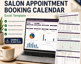 Salon Appointment Booking Calendar Excel Template | Client Tracker, Staff Schedule & Dashboard