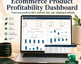 Ecommerce Profitability Dashboard Excel, SKU Margin Tracker, Product Profit Calculator, Fees Ads Shipping Analysis