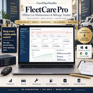 以下が含まれることがあります： FleetCare Proの操作ダッシュボードを表示したノートパソコン。車両のメンテナンスと走行距離をオフラインで追跡するツールです。画面にはコストの傾向とサービスアラートが表示されています。車のキーフォブ、サービスチェックリスト、ゴールドのペンが一緒に写っています。