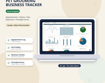 Pet Grooming Business Tracker Excel Template, Dog Grooming Forms, Client Intake Form, Appointment & Revenue Dashboard