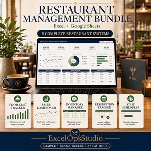 May include: A digital restaurant management bundle for Excel and Google Sheets displayed on a laptop screen. The bundle includes five systems: a food cost tracker, sales dashboard, inventory manager, reservation tracker, and staff scheduler.