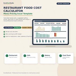 May include: A digital Restaurant Food Cost Calculator Excel template featuring a dashboard with bar charts for menu pricing and profit margins. The layout includes text labels for restaurants, cafes, bakeries, and food trucks, with a clean interface.