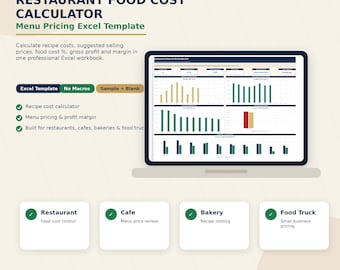 Restaurant Food Cost Calculator Excel Template, Menu Pricing Spreadsheet, Recipe Cost Calculator for Cafe Bakery Food Truck