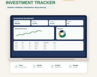 Stock Portfolio Tracker Excel Template, ETF Investment Tracker, Dividend Tracker, Buy Sell Log, Investment Journal