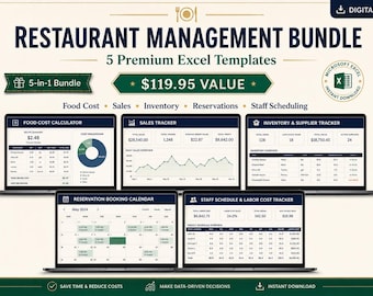 Restaurant Management Excel Bundle, 5 Restaurant Templates for Food Cost, Sales, Inventory, Reservations & Staff Schedule