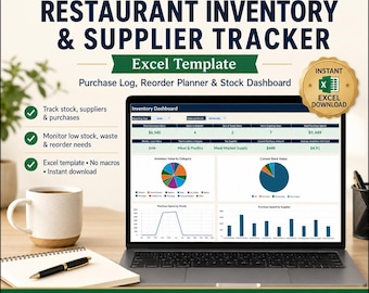 Restaurant Inventory Tracker Excel Template, Supplier Tracker, Purchase Log, Reorder Planner for Cafe Bakery Food Truck