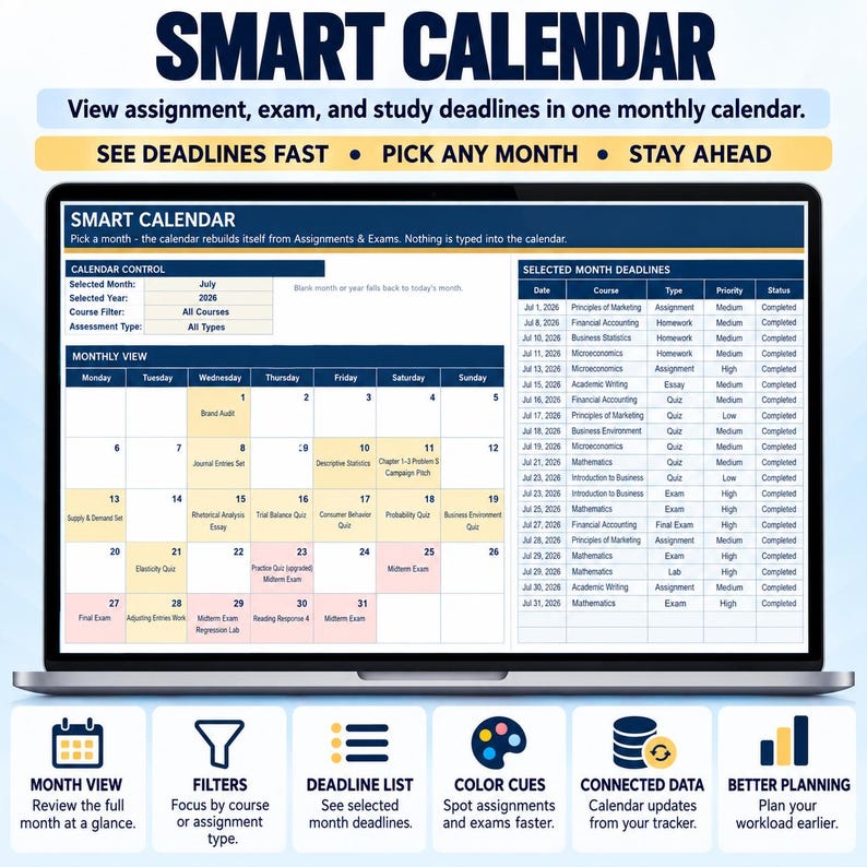 Assignment Tracker Excel Spreadsheet | Student Planner for Assignments, Exams, Grades, GPA & Study Schedule bild 4