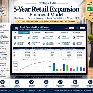 May include: A digital 5-Year Retail Expansion Financial Model for Excel and Google Sheets displayed on a laptop screen. The dashboard features financial metrics, revenue projections, store performance data, and charts for planning retail growth.