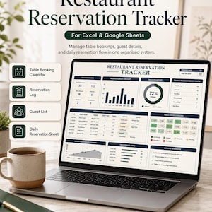 Könnte beinhalten: Ein digitaler Restaurant-Reservierungstracker auf einem Laptop-Bildschirm, der ein Dashboard mit Buchungskalendern, Reservierungsprotokollen, Gästelisten und Tagesblättern für Excel und Google Sheets zur Verwaltung von Tischbuchungen enthält.