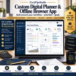 May include: A laptop screen displaying a custom digital planner interface with dashboards, task lists, and calendars. The image includes text such as ExcelOpsStudio, Custom Digital Planner & Offline Browser App, and various project management labels.