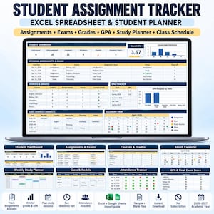 Assignment Tracker Excel Spreadsheet | Student Planner for Assignments, Exams, Grades, GPA & Study Schedule