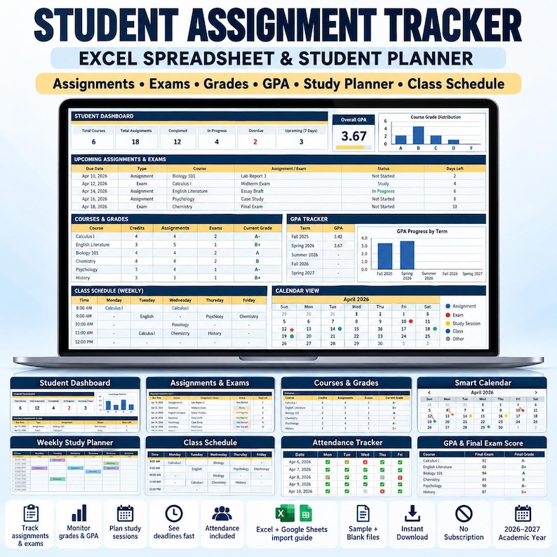 Assignment Tracker Excel Spreadsheet | Student Planner for Assignments, Exams, Grades, GPA & Study Schedule bild 1