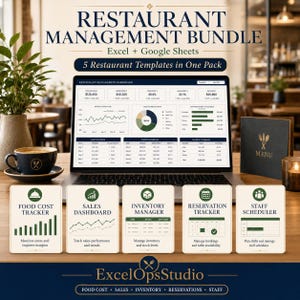 Restaurant Management Excel Toolkit | 5 Templates: Food Cost Calculator, Sales Tracker, Inventory Tracker, Staff & Reservations