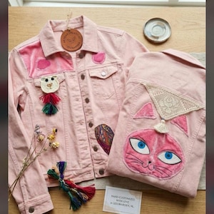 One-of-a-Kind Pink Denim Jacket with Hand-Crocheted Llama & Velvet Cat Patch, Upcycled Wearable Art Boho Jean Jacket - Size EUR 40