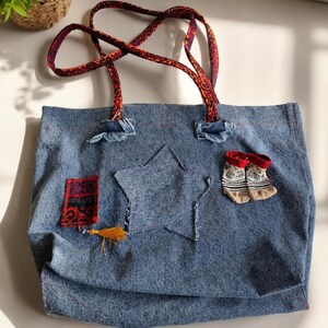 Boho Upcycled Denim Tote Bag - One-of-a-Kind Patchwork Bag with Sentimental Charm,Lucky Memories Denim Tote Bag  Upcycled Jeans Bag