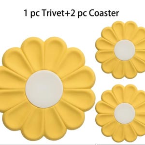 Daisy Silicone Trivet and Coaster Set, Heat Resistant Pot Holder, Cute Flower Cup Mat for Hot Dishes, 3 Pcs Yellow Kitchen Decor Gift