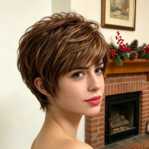 Anpassade etiketter, Brun Pixie Cut Peruk med Slingor i Lager