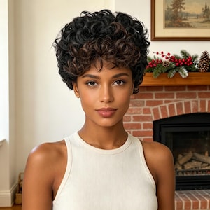 May include: A short, curly wig featuring dark black hair with subtle brown highlights. The hair is styled in a voluminous, textured cut with defined curls that frame the face, creating a rounded silhouette with a natural appearance.