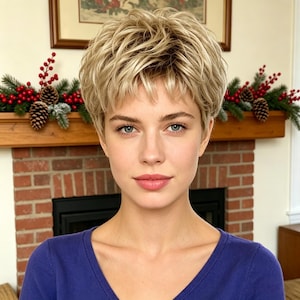 May include: A short, layered blonde wig with textured, piecey bangs and voluminous crown styling. The hair features a mix of light blonde and darker blonde tones, creating a natural, multi-dimensional appearance with a soft, feathered finish.