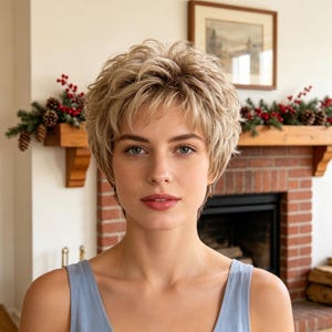 May include: A short, layered, blonde wig with textured, piecey bangs and voluminous, tousled waves. The hair features a mix of light blonde and darker ash blonde tones, creating a multi-dimensional look with a soft, feathered finish around the face.