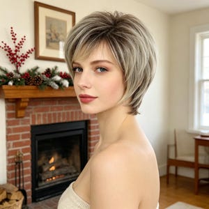 May include: A short, layered wig featuring a blend of ash blonde and light brown tones with soft, face-framing bangs. The hair is styled in a textured, voluminous cut that reaches the nape of the neck, showcasing natural highlights and lowlights.