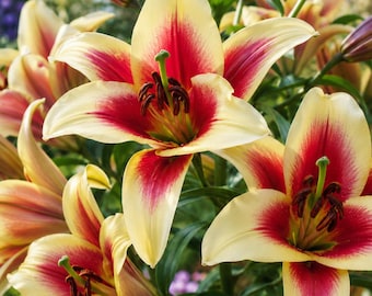 Lirio Flavia Orienpet, 3 bulbos, flores rojas y amarillas de verano, planta perenne de jardín, regalo.