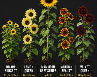 Jardín de Girasoles — Colección de semillas de girasol enano gigante de variedades antiguas (5 variedades, sin OGM)