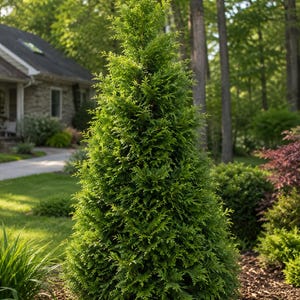 May include: A tall, conical evergreen tree with dense, vibrant green foliage and a pointed top. The tree features fine, scale-like leaves arranged in flat, fan-shaped sprays that create a textured, layered appearance throughout the entire plant.