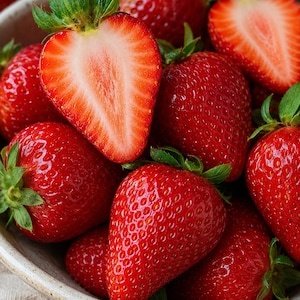 May include: A collection of fresh, bright red strawberries piled inside a light-colored, textured ceramic bowl. Several whole strawberries with green leafy stems are visible alongside one strawberry sliced in half, revealing the light red interior.