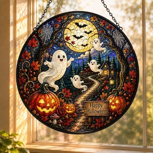 Może przedstawiać: Okrągła witrażowa zawieszka z motywem Halloween, przedstawiająca trzy białe duchy, dwie dynie, pełnię księżyca z nietoperzami oraz kamienną ścieżkę prowadzącą do domu. Drewniana tabliczka na pierwszym planie zawiera napis Happy Halloween.