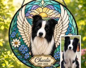 Custom Pet Memorial Stained Glass Suncatcher, Personalized Dog Portrait With Angel Wings, Rainbow Bridge Pet Loss Sympathy Gift