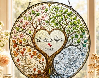 Atrapasueños personalizado del Árbol del Amor, colgante de vidriera, regalo de aniversario de bodas