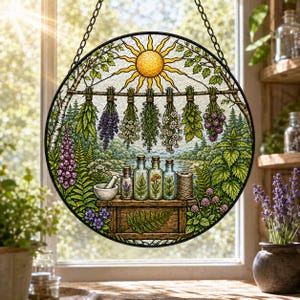 Peut inclure: Un attrape-soleil circulaire en vitrail représentant un soleil jaune au-dessus d'une table en bois avec des flacons d'herbes, un mortier et des bouquets de plantes séchées suspendus à une branche devant une forêt et une rivière.
