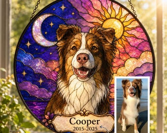 Custom Pet Memorial Suncatcher, Personalized Dog Cat Stained Glass Portrait From Photo, Rainbow Bridge Pet Loss Window Hanging Gift
