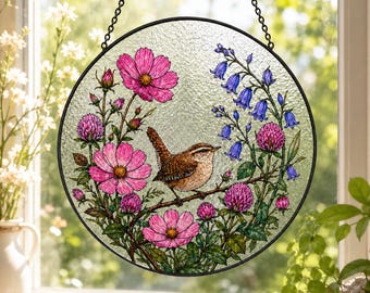 Vogelraamhanger met bloemen, raamdecoratie in glas-in-loodstijl met een winterkoninkje, keuze uit verschillende bloemmotieven, cadeau voor vogelliefhebbers in landelijke tuinstijl