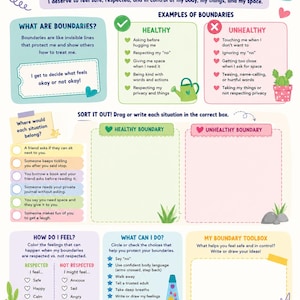 May include: A colorful educational worksheet titled My Boundaries with sections defining healthy and unhealthy boundaries, a sorting activity, a feelings checklist, and a toolbox section. The page features pastel illustrations of a watering can, cactus, and lava lamp.