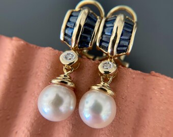 Blue Sapphire Pearl Drop Earrings, Gold Tone Gemstone Jewelry