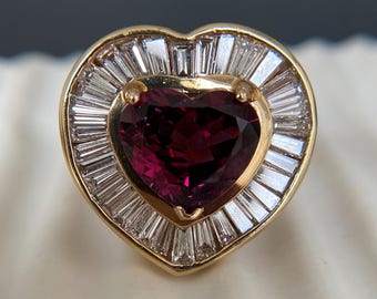 Heart Garnet Baguette CZ Halo Ring, Gold Tone Cocktail Statement Ring