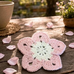 May include: A five-petaled flower-shaped crochet coaster featuring a soft pink outer edge and a cream-colored center. The textile item is crafted with a visible yarn stitch pattern, creating a flat, circular design that resembles a cherry blossom.