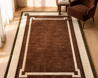 Vintage Geometric Rug | Brown Cream Area Rug | Hand Tufted Wool Carpet | Modern Minimalist Rug | Neutral Living Room Decor Rug | Custom Rug