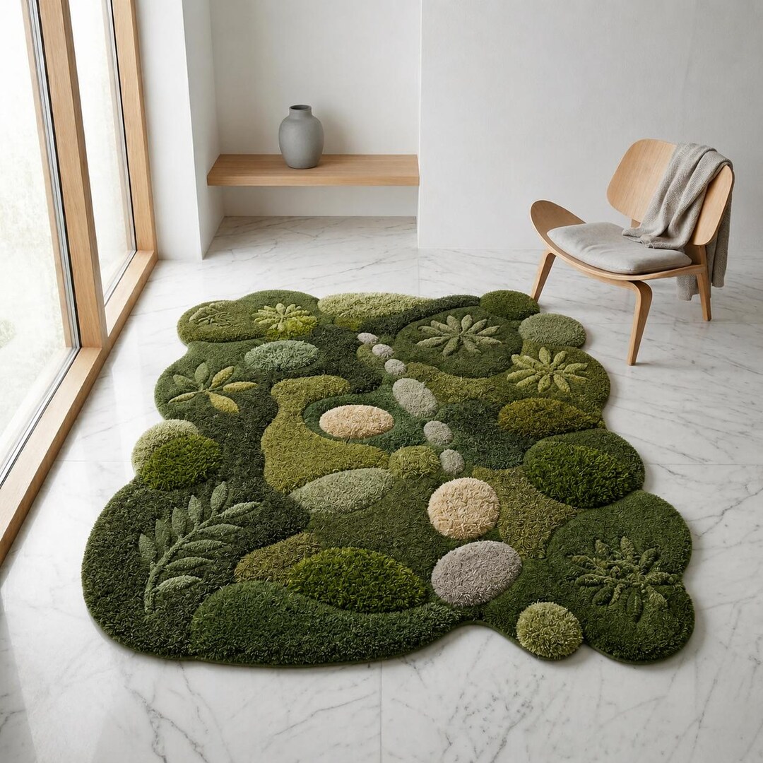 Organic Pattern Rugs Botanical Moss Hand Tufted Rug - Organic Green Wool Area Rug | Nature ...