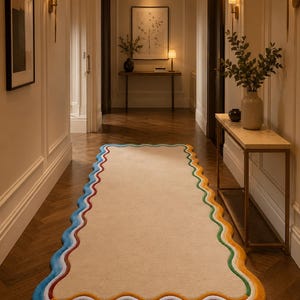 May include: A rectangular runner rug with a beige center and a scalloped edge featuring concentric bands of blue, white, green, yellow, and red. The rug is positioned on a dark wood herringbone floor in a hallway with cream-colored walls.