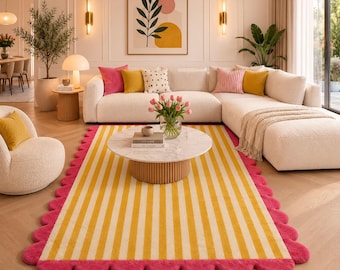 Scalloped Border Hand Tufted Wool Rug | Pink & Mustard Striped Area Rug | Modern Nursery Rug | Custom Handmade Carpet | 8x10 , 9x12 Area Rug