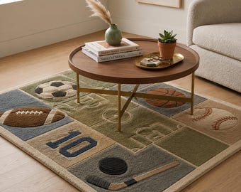 Sports Theme Hand Tufted Rug - Kids Playroom Area Rug | Soccer Basketball Football Hockey Baseball Carpet