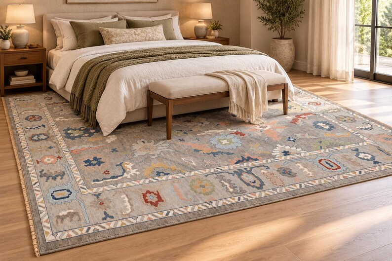 Hand Knotted Floral Rug - Vintage Oushak Style Carpet - Beige Blue Rust ...